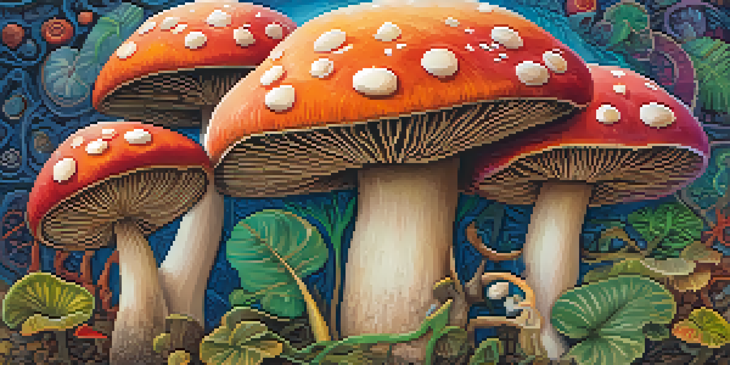 Artistic representation of sacred mushrooms with Mesoamerican patterns and symbols, showcasing vibrant colors and textures.