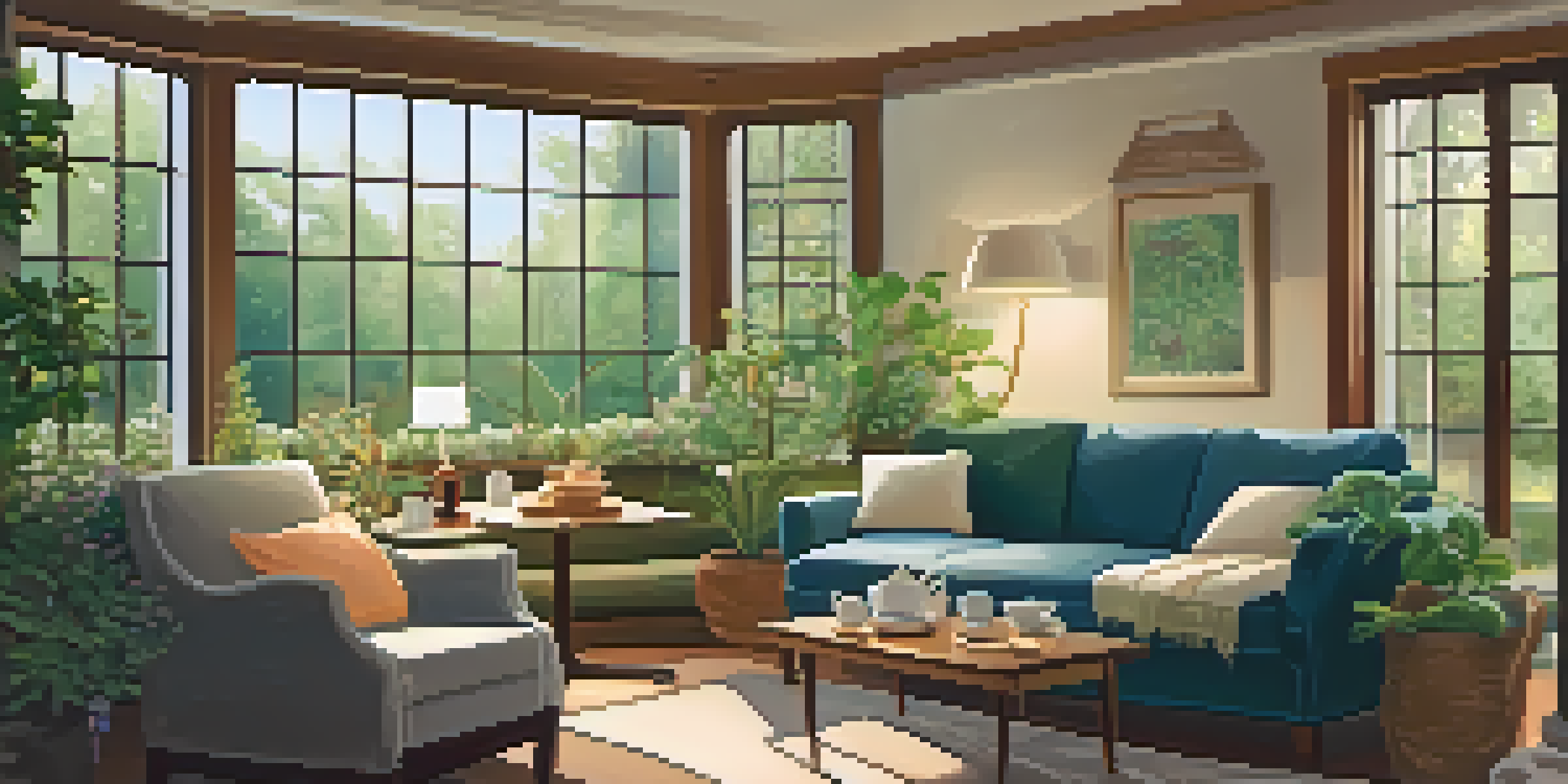 A cozy living room with soft lighting, plush cushions, and a window view of a lush garden, creating a tranquil atmosphere.
