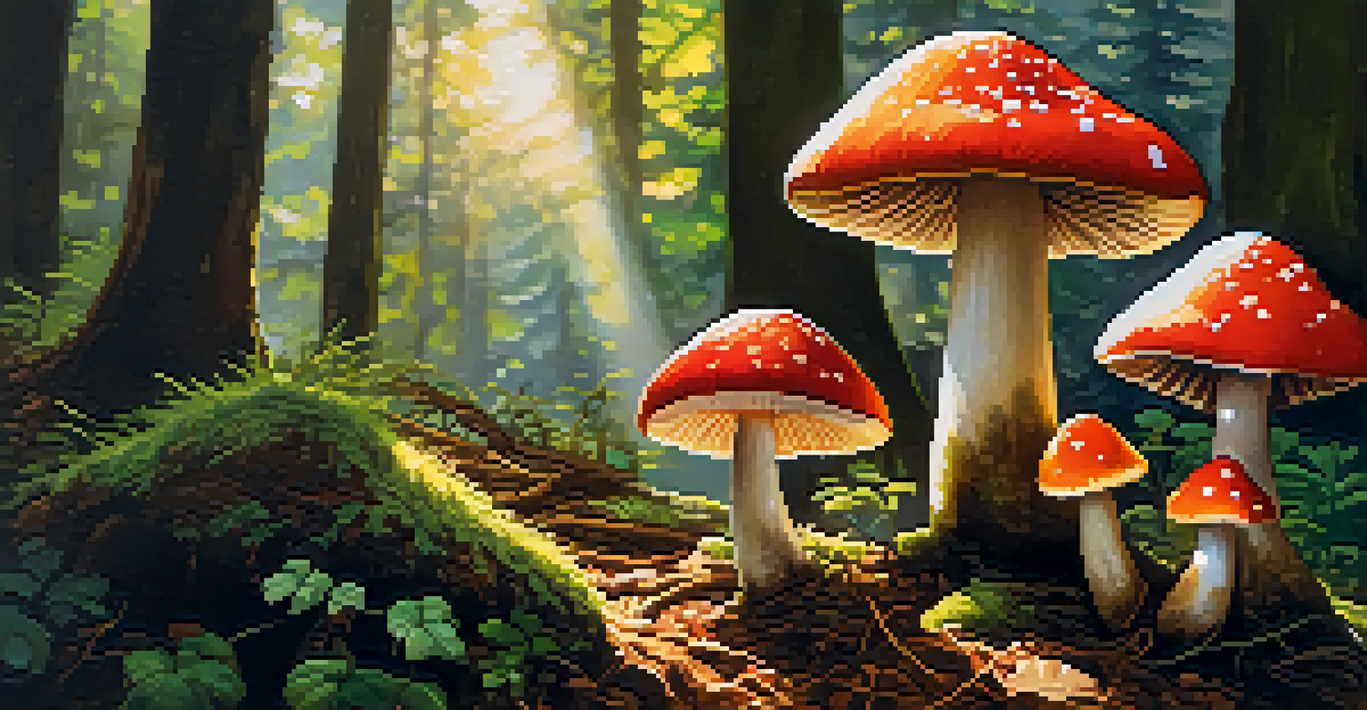 A close-up view of colorful mushrooms in a forest with sunlight filtering through the trees.