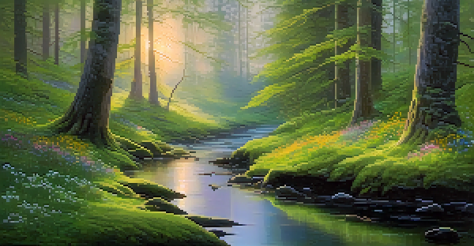 A tranquil forest at dawn with sunlight filtering through trees, green moss, wildflowers, mist, and a stream.