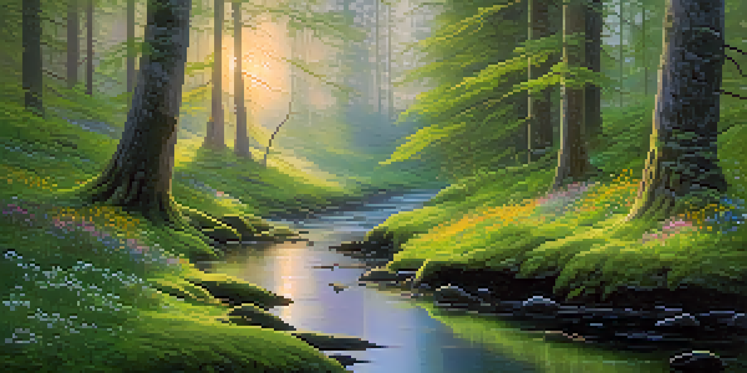 A tranquil forest at dawn with sunlight filtering through trees, green moss, wildflowers, mist, and a stream.