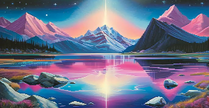 A dreamlike landscape with a reflective lake, abstract mountains, and colorful lights, symbolizing the essence of progressive rock music.