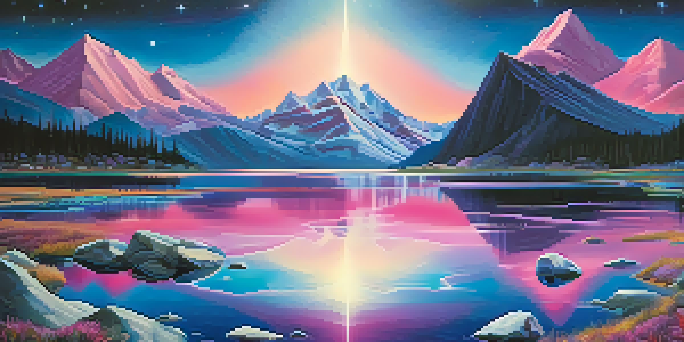 A dreamlike landscape with a reflective lake, abstract mountains, and colorful lights, symbolizing the essence of progressive rock music.