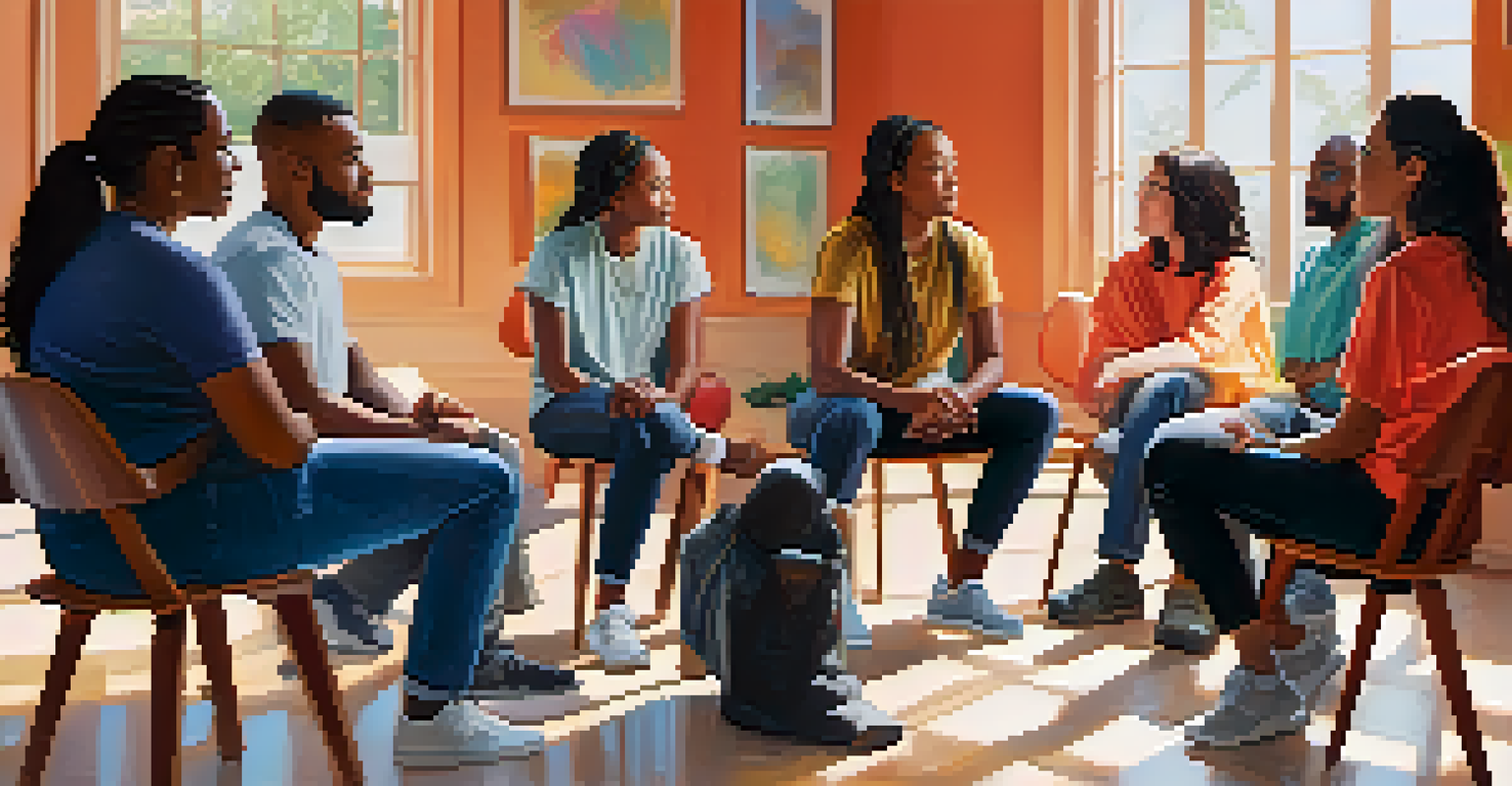 A diverse group of people sitting in a circle, actively discussing and supporting each other in a bright room.