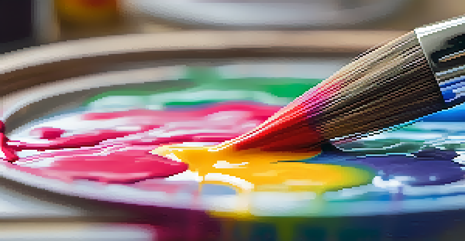 A close-up image of a paintbrush dipping into bright paint on a palette, showcasing the textures and colors of artistic expression.