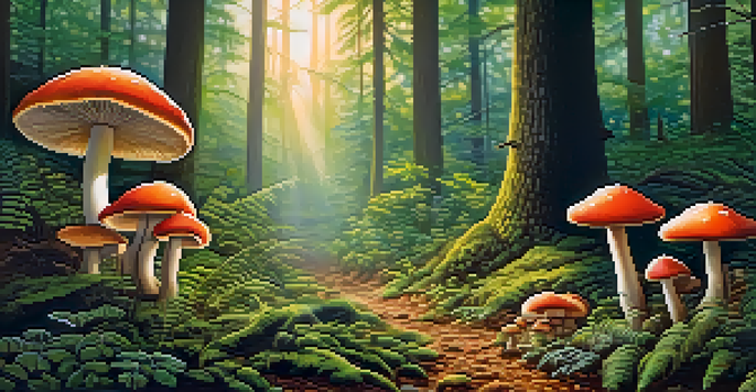A peaceful forest at dawn with colorful mushrooms and soft sunlight filtering through the trees.