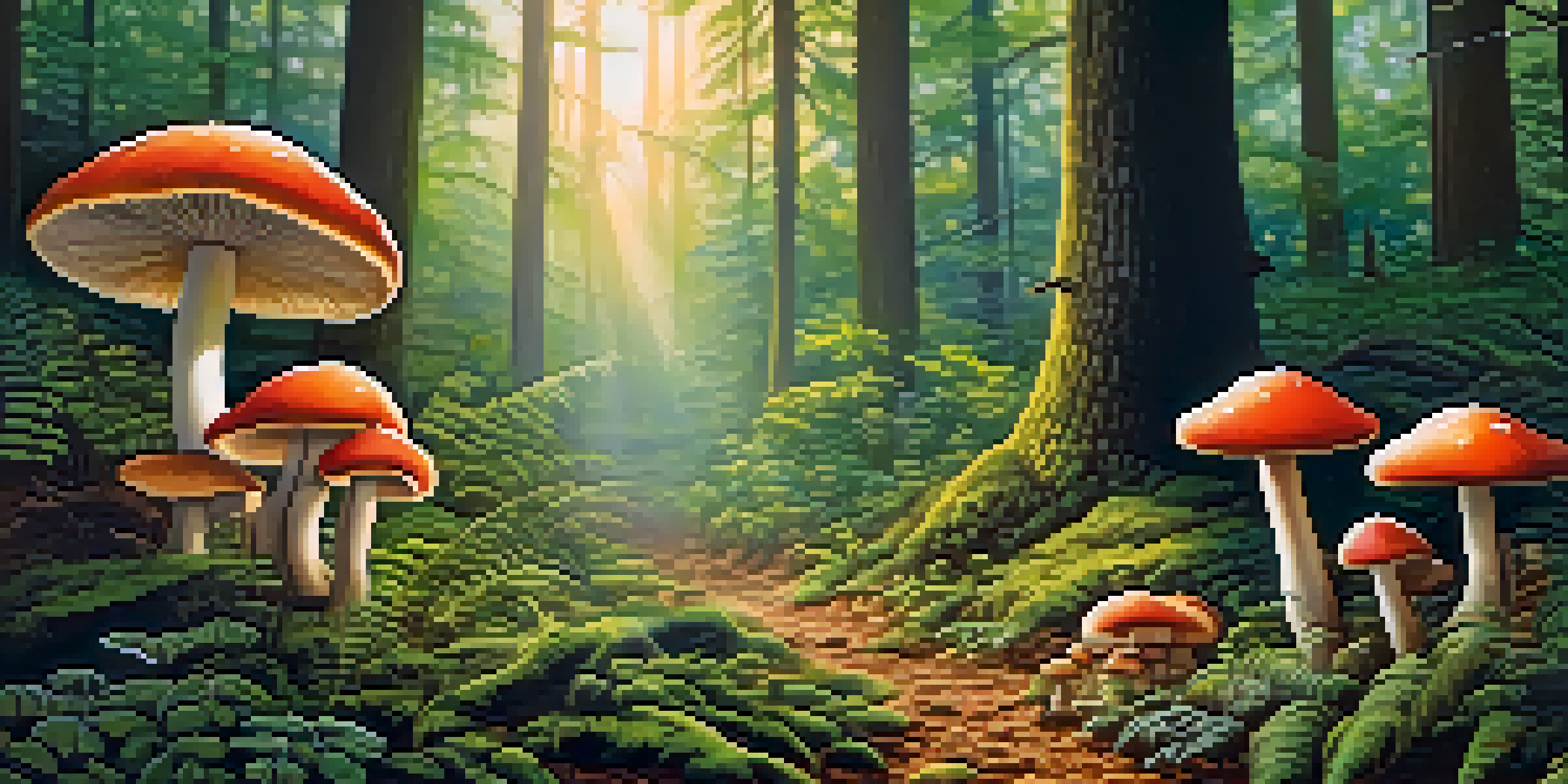 A peaceful forest at dawn with colorful mushrooms and soft sunlight filtering through the trees.