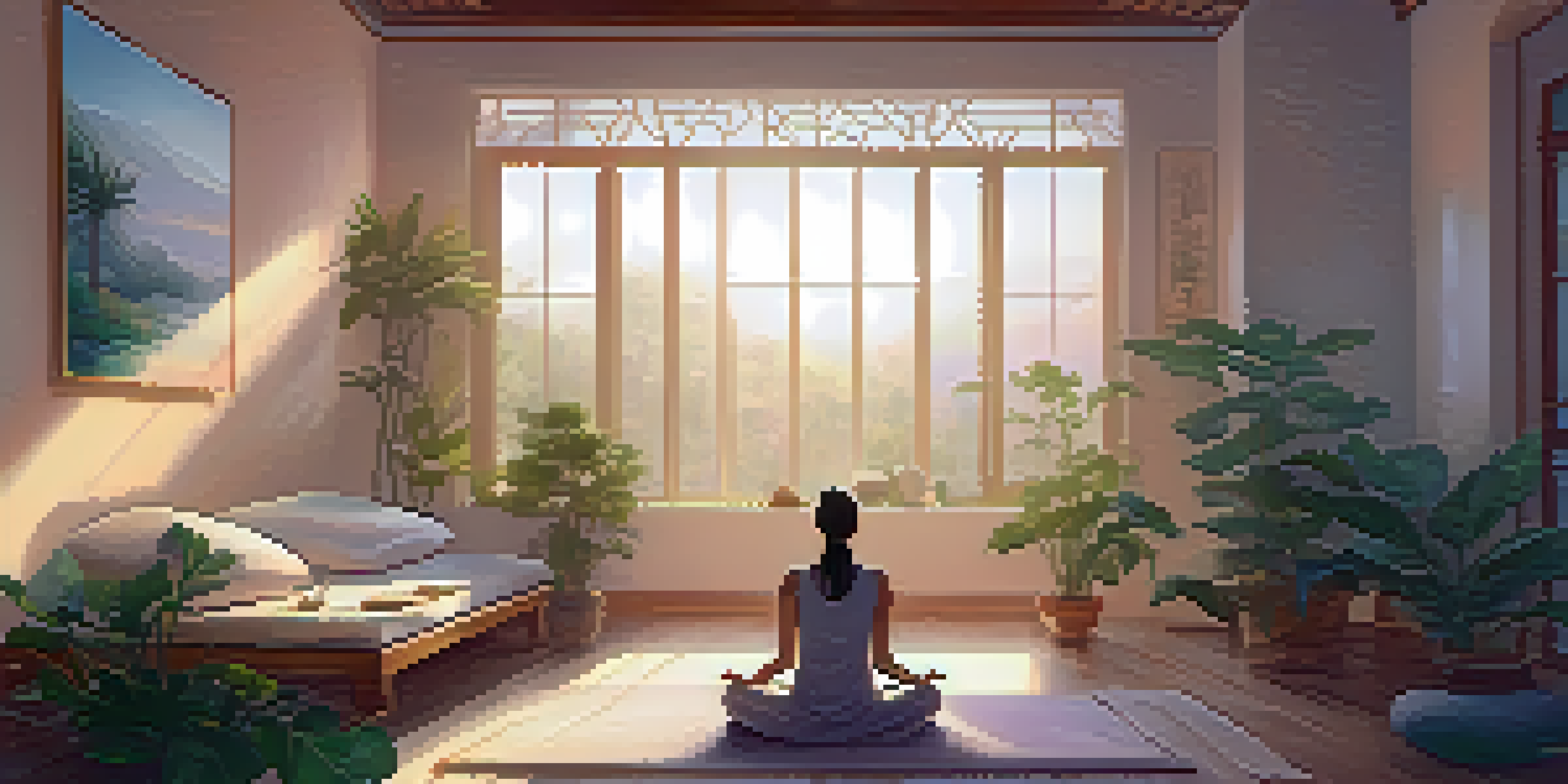 An indoor breathwork therapy space with soft lighting, cushions, and plants. A person sits cross-legged practicing breathwork.