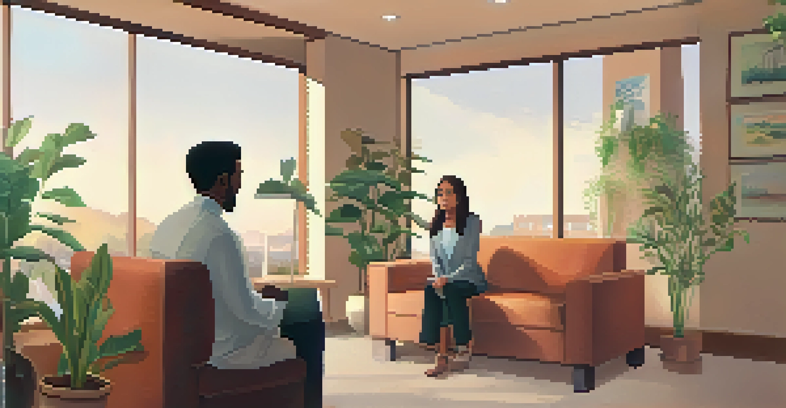 A therapist and patient engaged in a supportive conversation in a warm and inviting office setting.