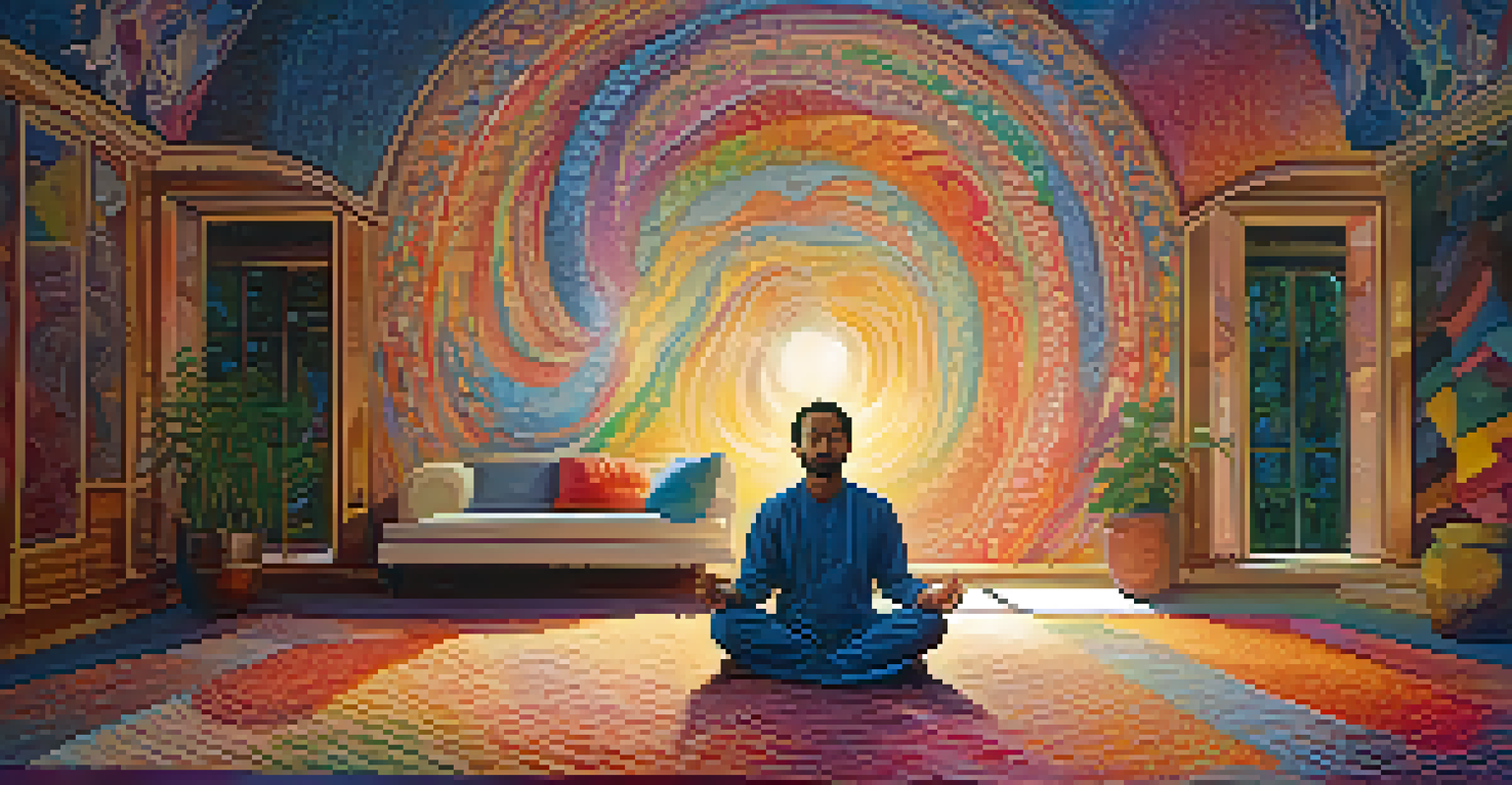 A person meditating in a cozy room with colorful patterns of light surrounding them.