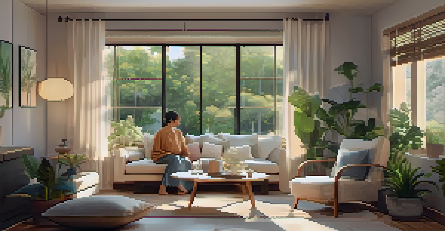 A tranquil therapy room with warm lighting and comfortable seating, portraying a person in a meditative state amidst calming decor.