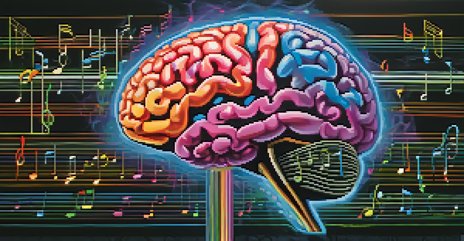 An artistic depiction of a colorful brain with highlighted auditory cortex areas, surrounded by floating music and sound symbols against a dark background.