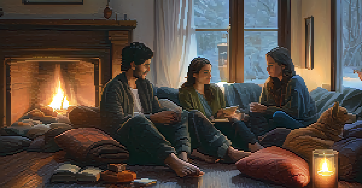 A cozy indoor setting with friends sharing their vulnerabilities, seated on cushions in warm, ambient lighting.