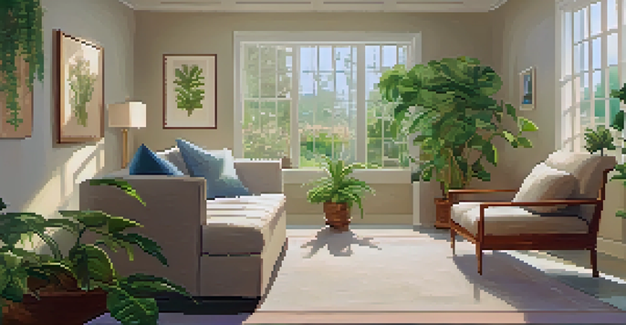 A calming therapy room with soft natural light, a couch, plants, and a therapist supporting a patient who is gazing out at a peaceful garden.