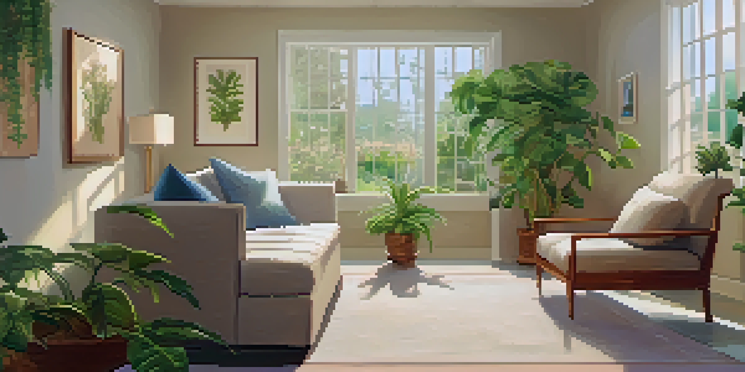 A calming therapy room with soft natural light, a couch, plants, and a therapist supporting a patient who is gazing out at a peaceful garden.