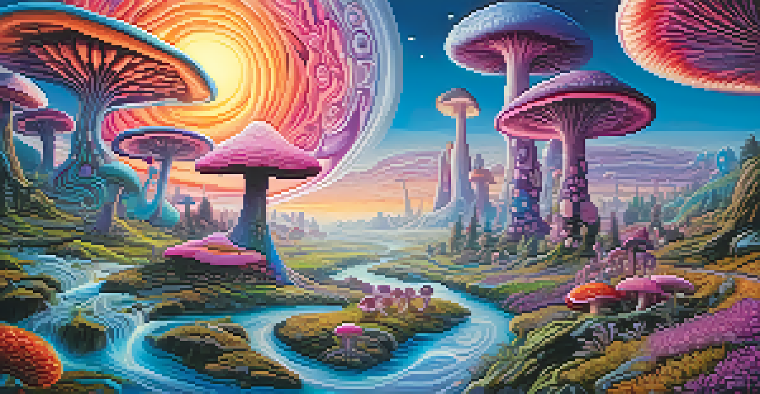A colorful psychedelic landscape with swirling colors, unique mushroom structures, and a patterned sun.