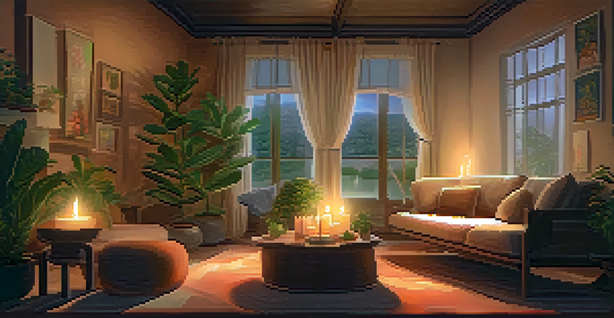 A cozy indoor space with soft lighting, cushions, plants, and candles, creating a tranquil atmosphere for a hallucinogenic experience.