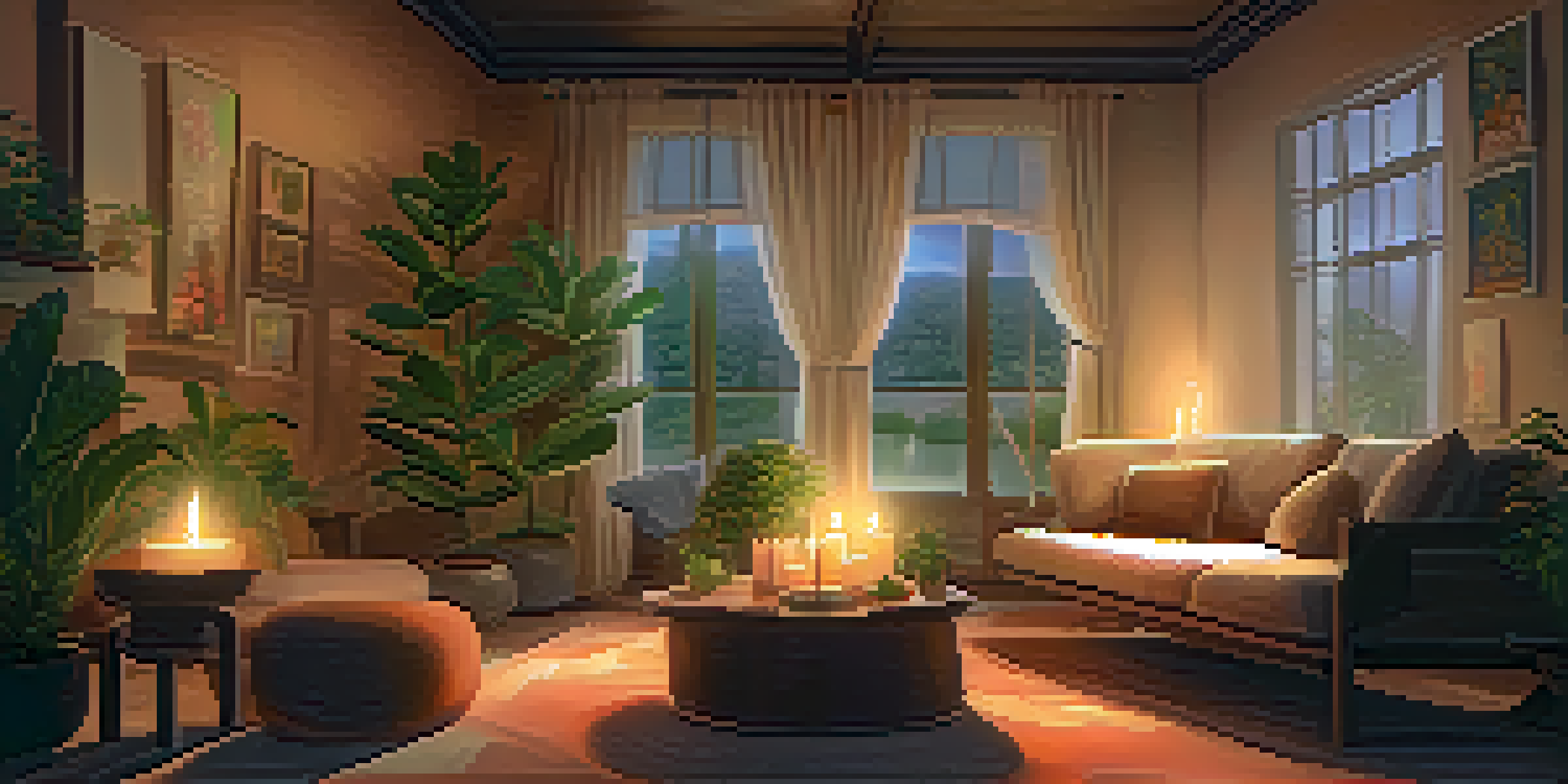A cozy indoor space with soft lighting, cushions, plants, and candles, creating a tranquil atmosphere for a hallucinogenic experience.