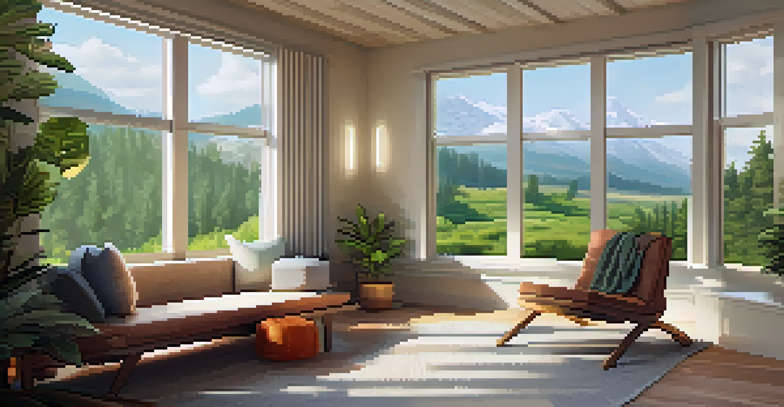 A peaceful therapy room with comfortable seating and soft lighting, designed for psychedelic therapy with a view of nature outside.