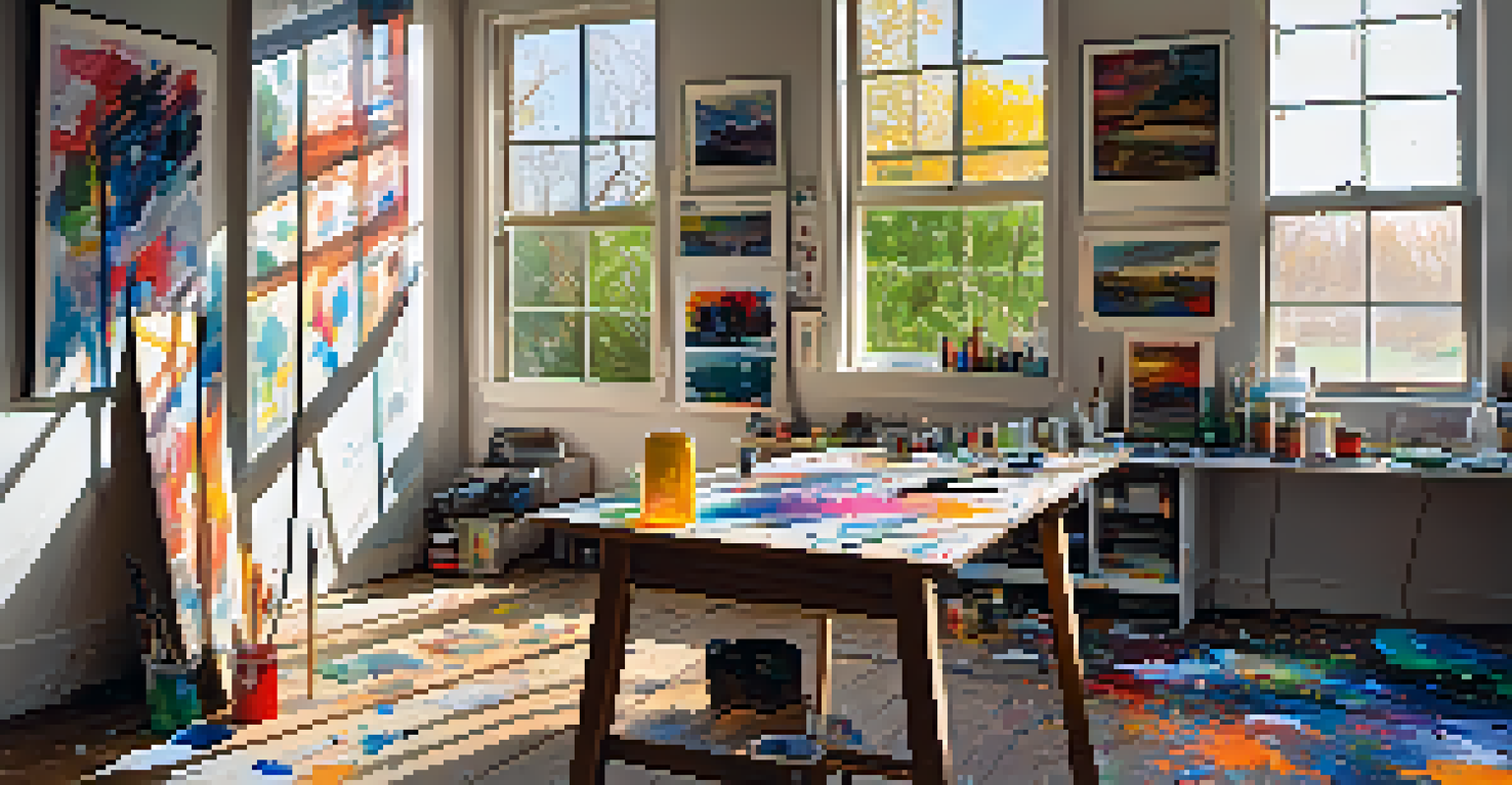 An artist's colorful workspace with paint splatters, brushes, canvases, and natural light.