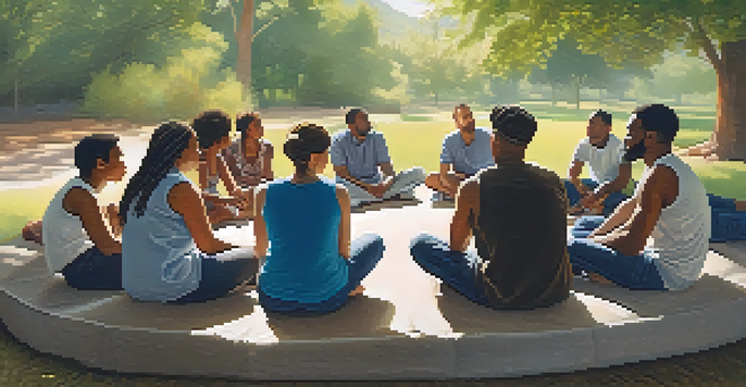 A diverse group of individuals sitting in a circle, discussing and supporting each other in a natural setting with soft lighting.