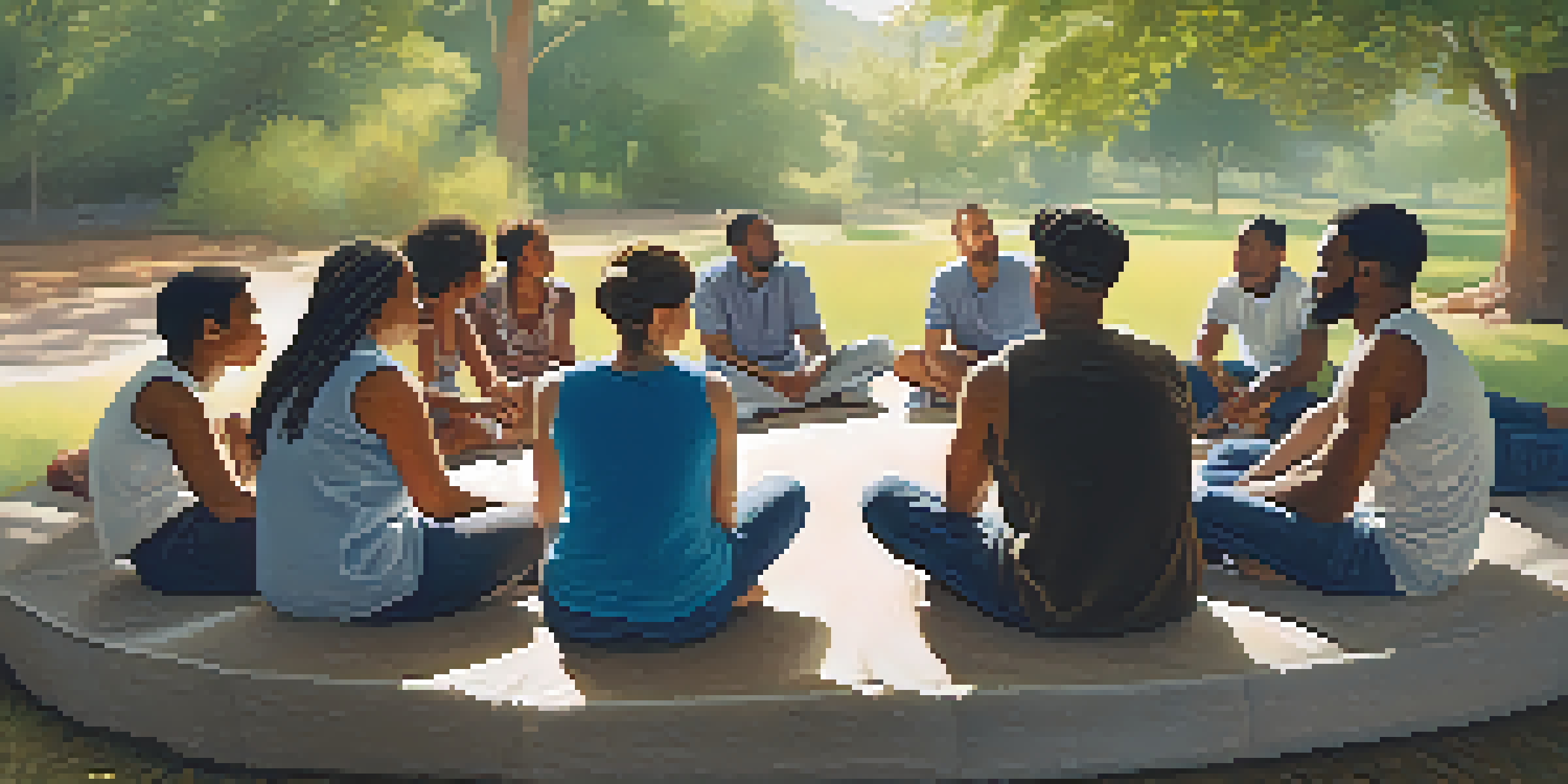 A diverse group of individuals sitting in a circle, discussing and supporting each other in a natural setting with soft lighting.