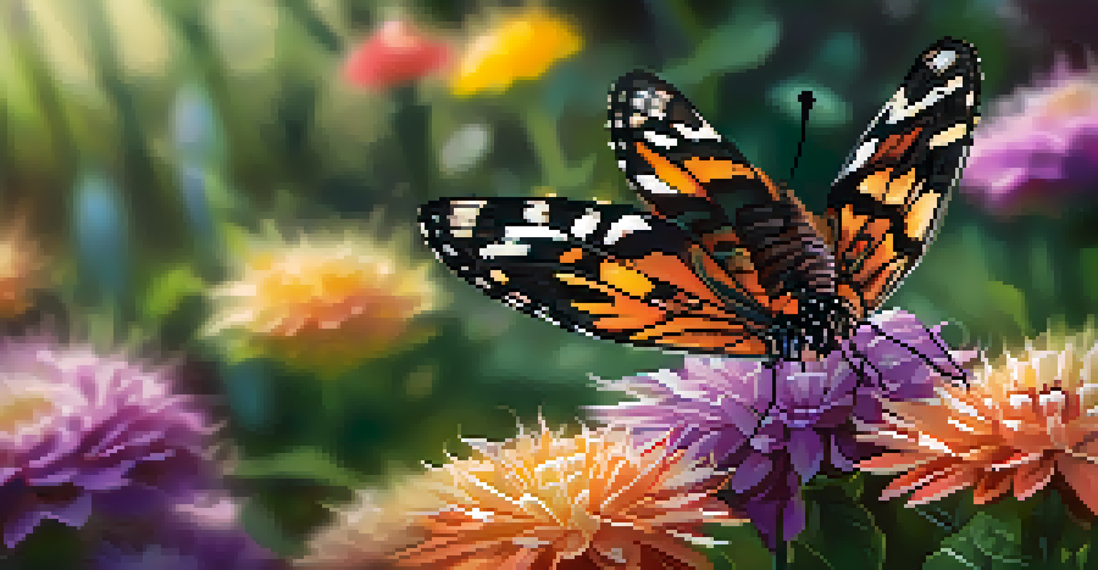 A close-up of a butterfly on a colorful flower, showcasing the details of its wings and the flower's petals.