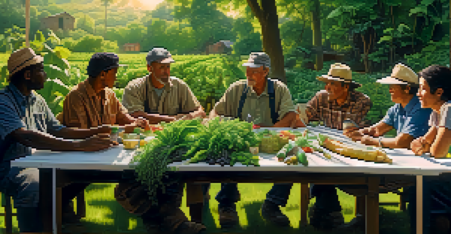 Farmers discussing sustainable practices around a table in a lush garden with various crops.
