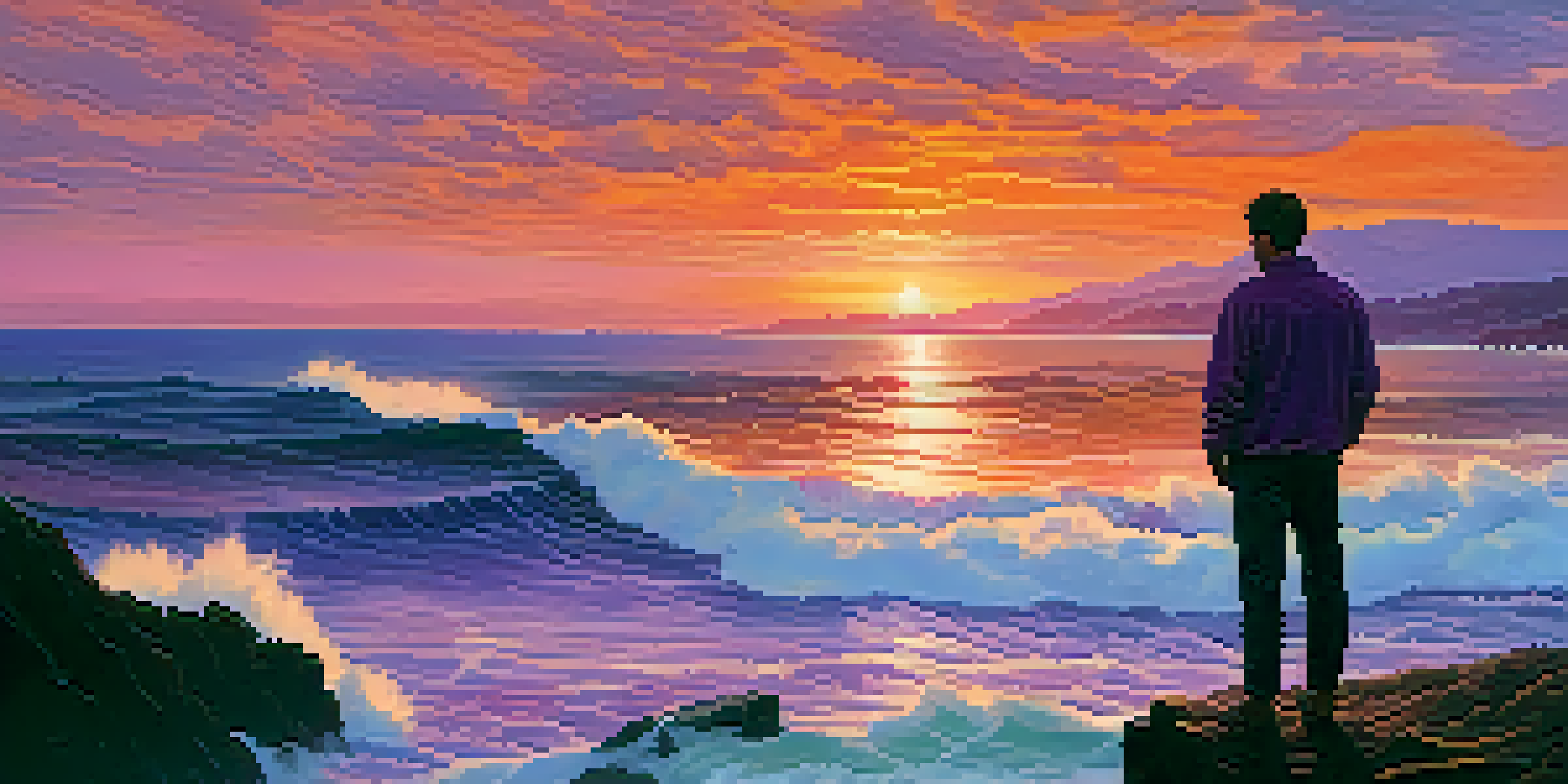 A person stands on a cliff edge, looking out over an expansive ocean during sunset, with a colorful sky in the background.
