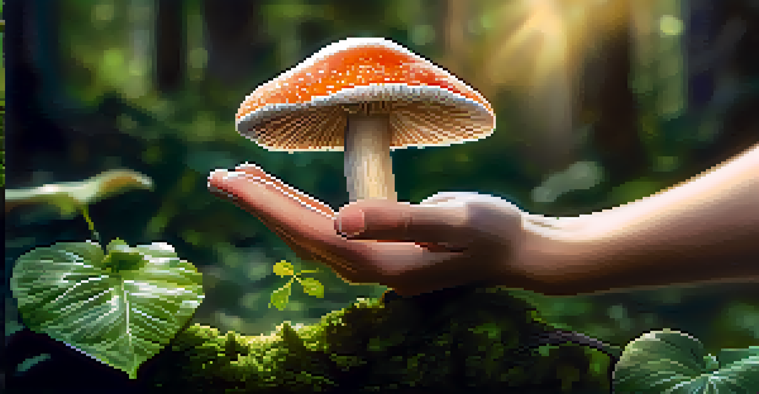 A close-up of a hand touching a vibrant mushroom surrounded by greenery, symbolizing healing and nature.