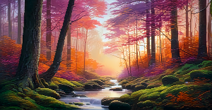 A peaceful forest at sunset, with colorful leaves and a reflecting stream, featuring soft light filtering through the trees.