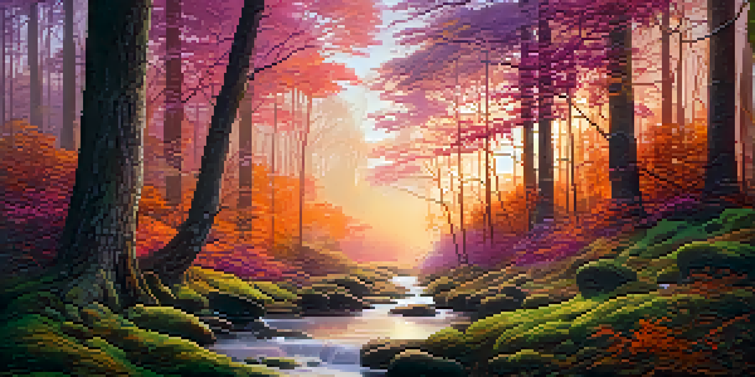 A peaceful forest at sunset, with colorful leaves and a reflecting stream, featuring soft light filtering through the trees.