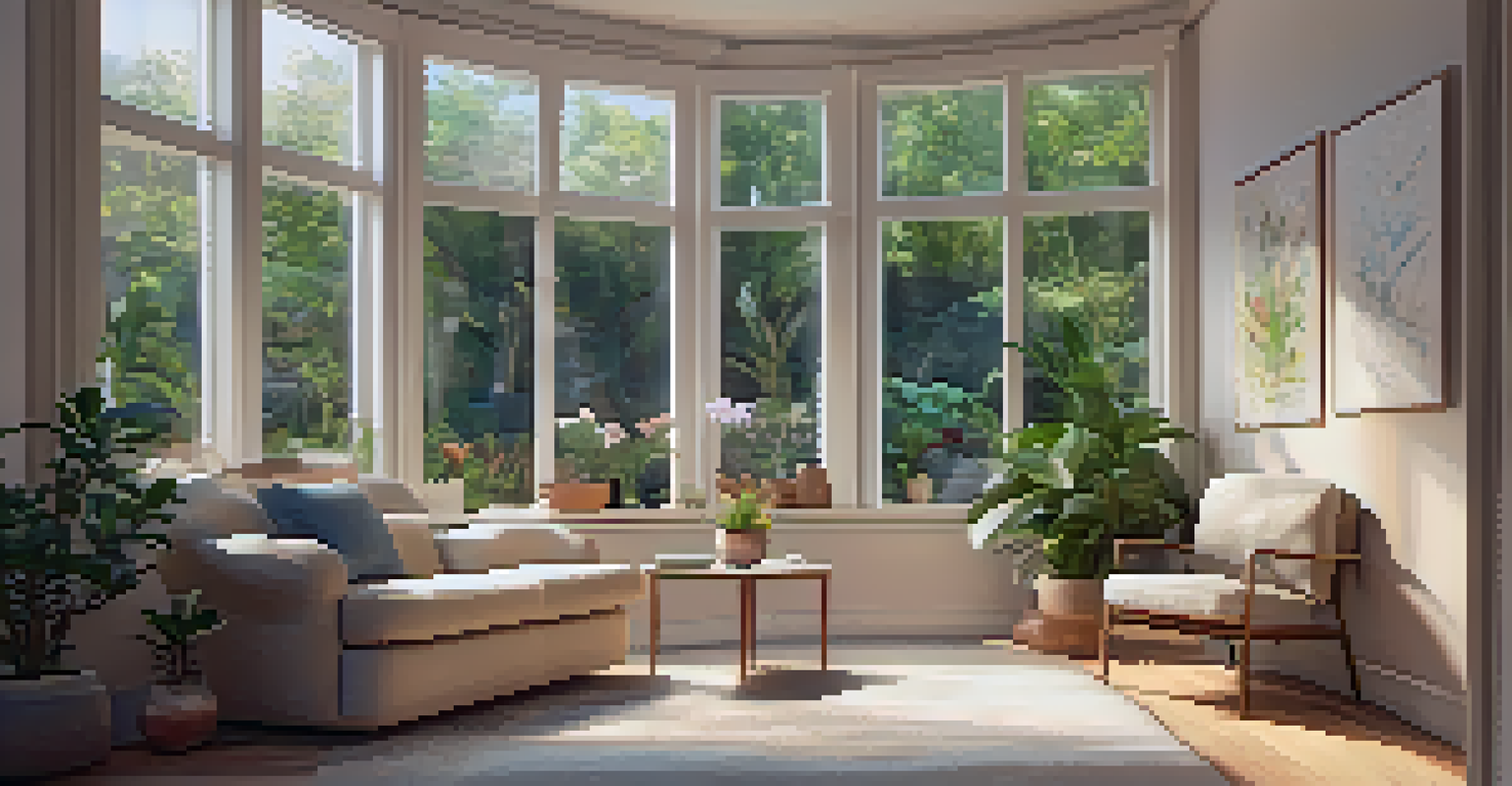 A cozy therapy room with comfortable furniture, soft lighting, and a view of a peaceful garden, ideal for mental health therapy.