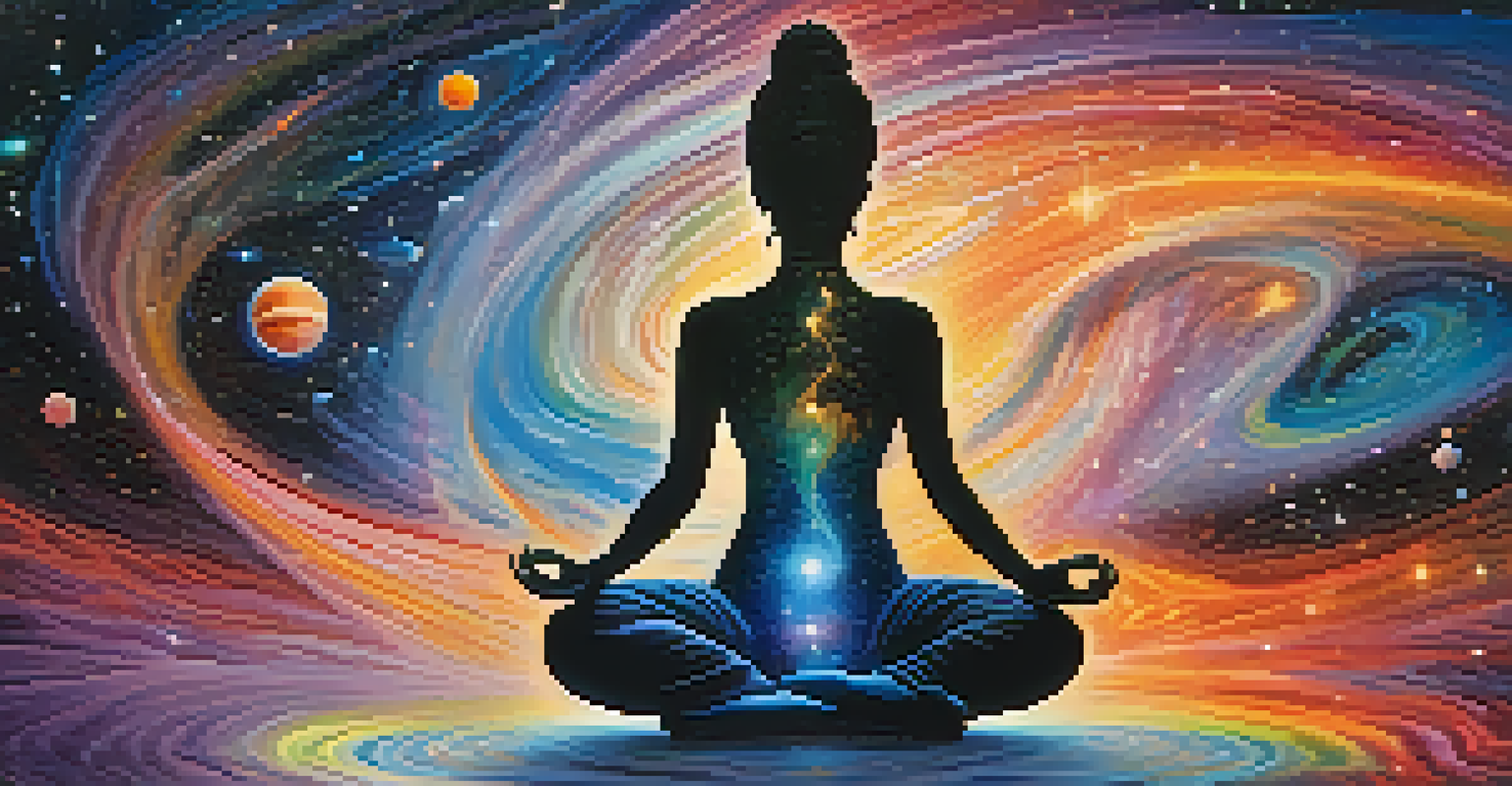 An abstract image of a meditating figure surrounded by vibrant colors and cosmic elements.