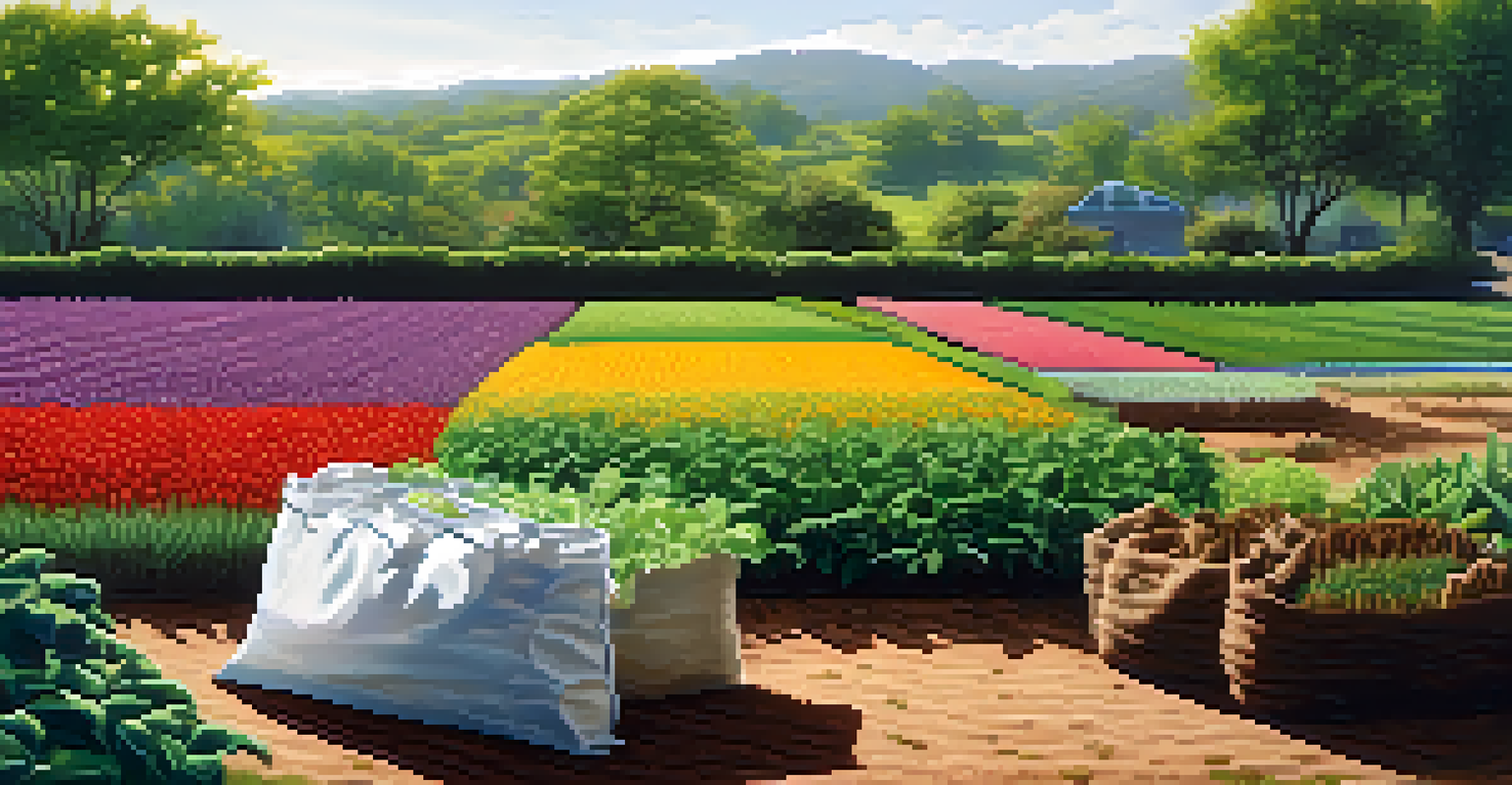 A split-scene contrasting a vibrant organic garden with healthy plants against a dull landscape with synthetic fertilizers and wilting plants.