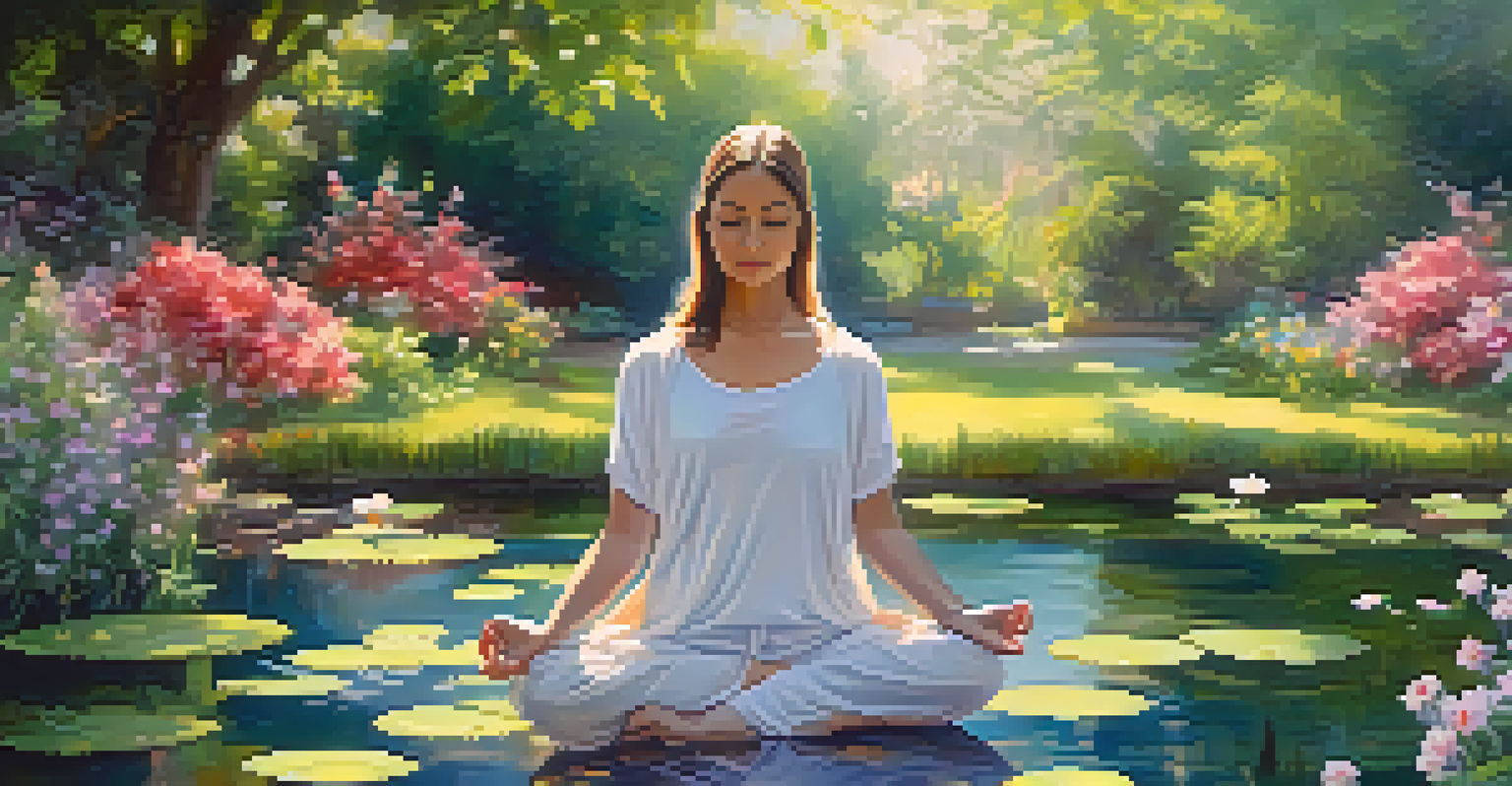 A person meditating in a beautiful garden with flowers, a pond, and butterflies, creating a peaceful ambiance.