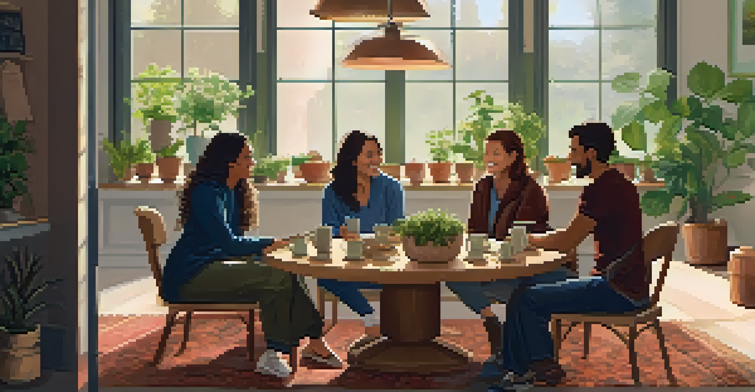 A warm indoor space with a group of people sitting in a circle, sharing a supportive discussion over herbal teas and snacks.