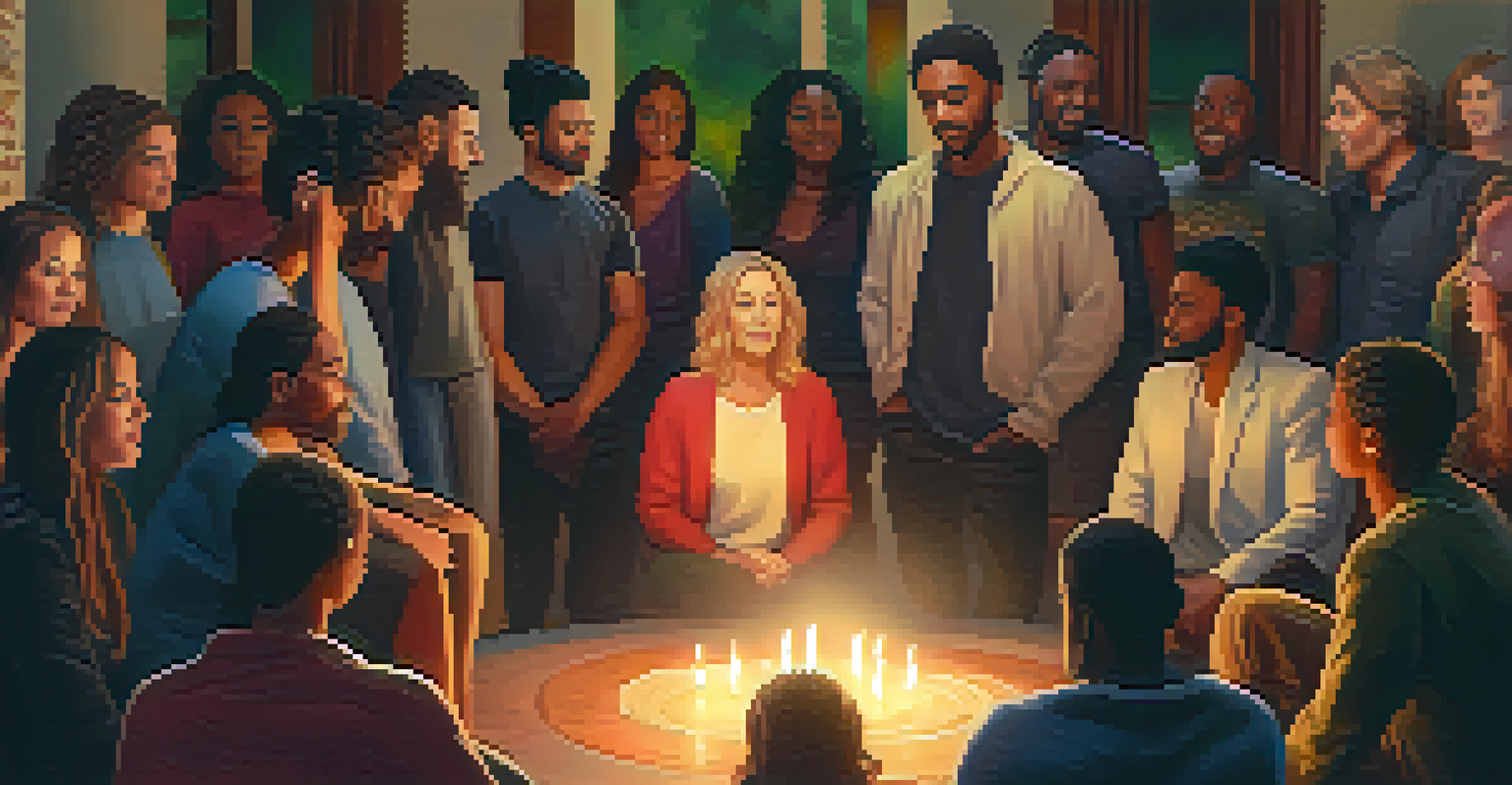 A diverse group of individuals in a supportive circle sharing experiences after a therapy session.
