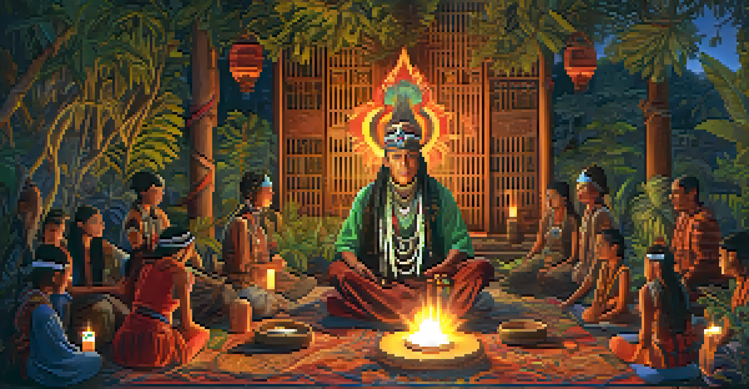 An indigenous healer in colorful attire performing a shamanic ceremony surrounded by plants and candles.