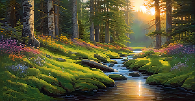 A tranquil forest scene at sunset, with sunlight filtering through trees, a stream, and colorful wildflowers.