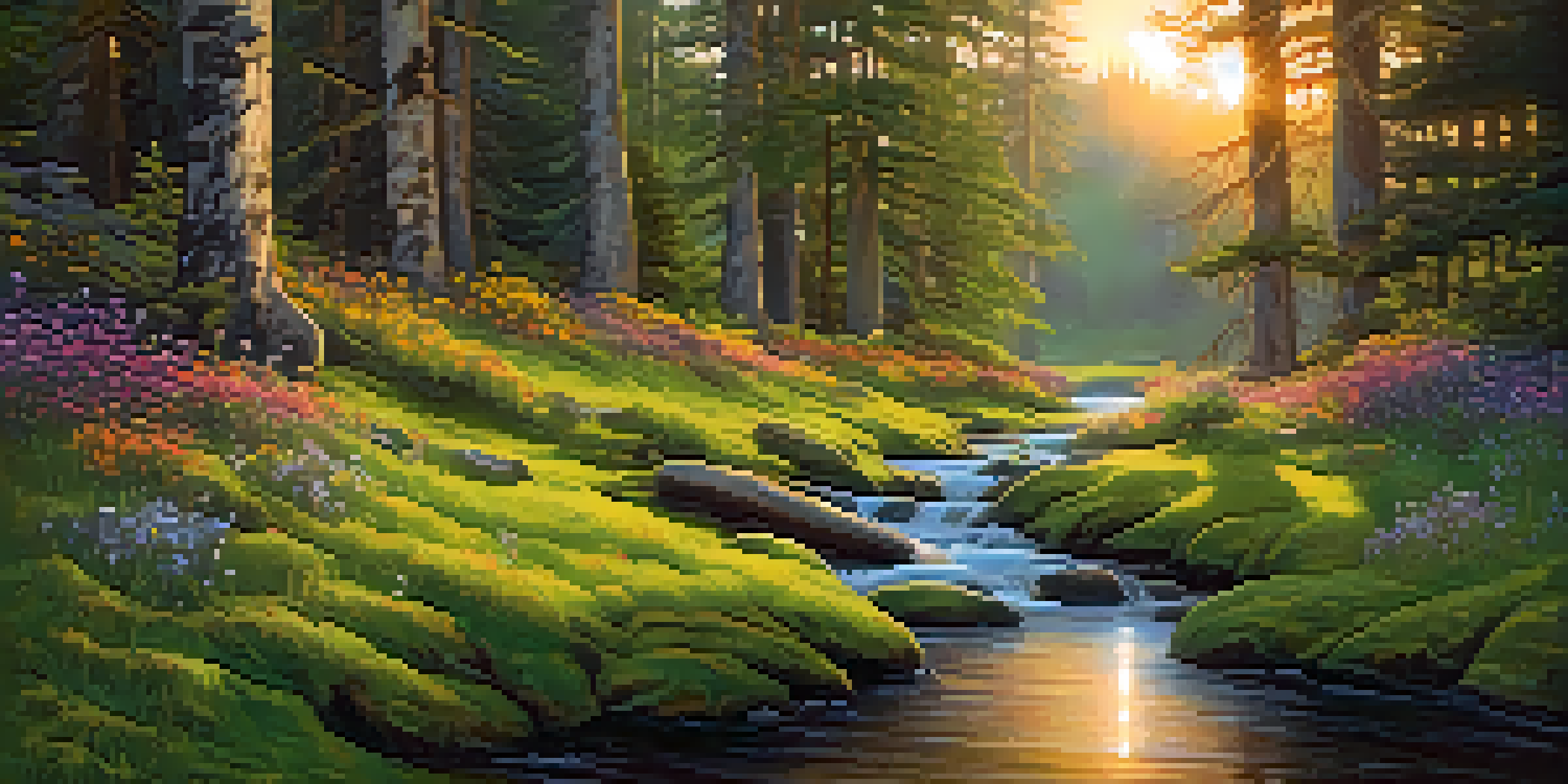 A tranquil forest scene at sunset, with sunlight filtering through trees, a stream, and colorful wildflowers.