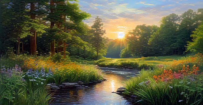 A peaceful forest with sunlight filtering through leaves, colorful wildflowers, and a stream reflecting the sunset.