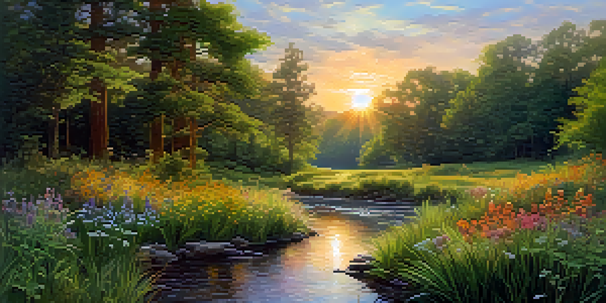 A peaceful forest with sunlight filtering through leaves, colorful wildflowers, and a stream reflecting the sunset.