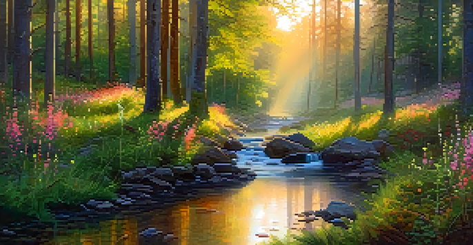 A peaceful forest scene with wildflowers, morning mist, and sunlight filtering through trees at sunrise.