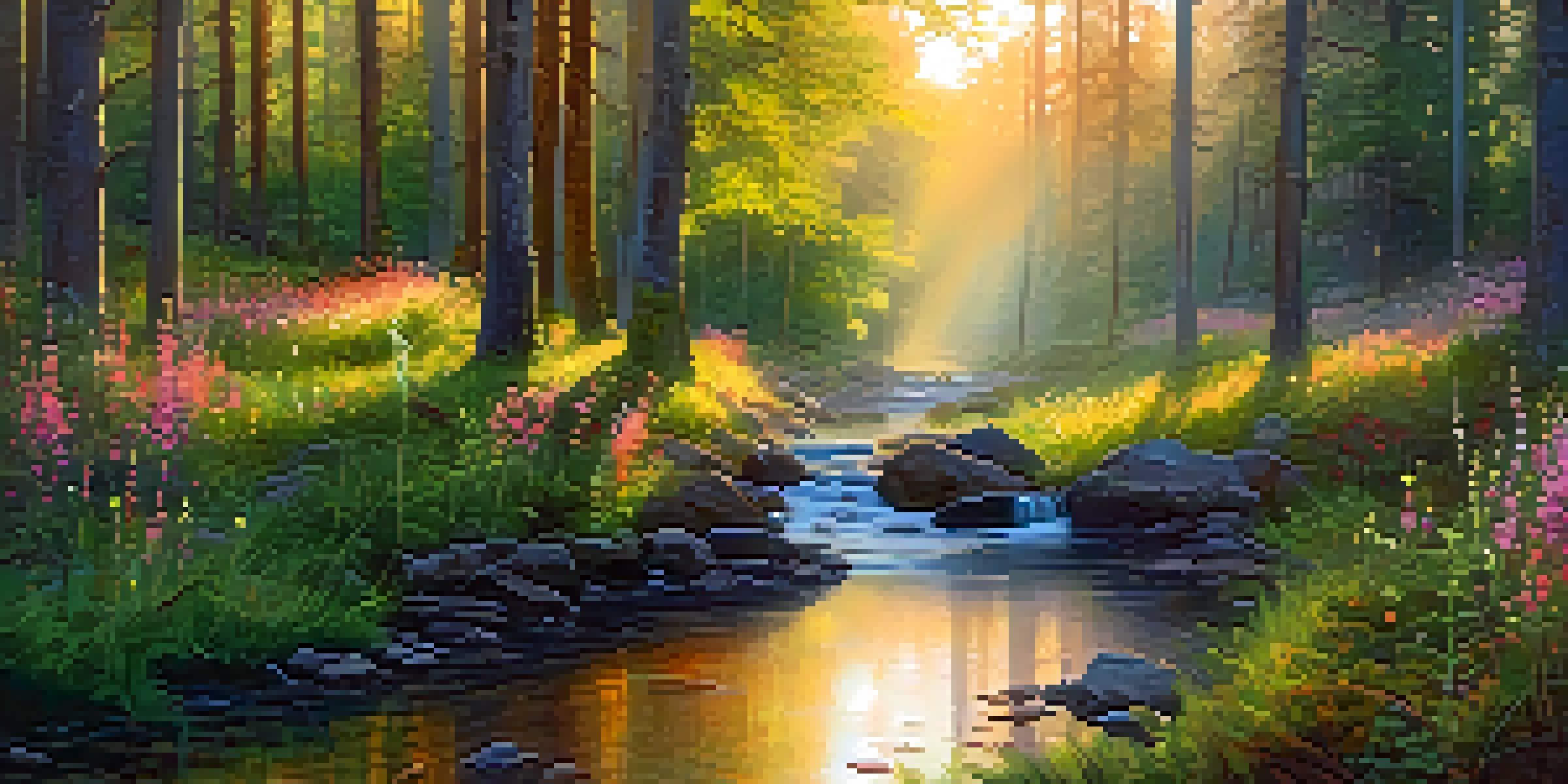 A peaceful forest scene with wildflowers, morning mist, and sunlight filtering through trees at sunrise.