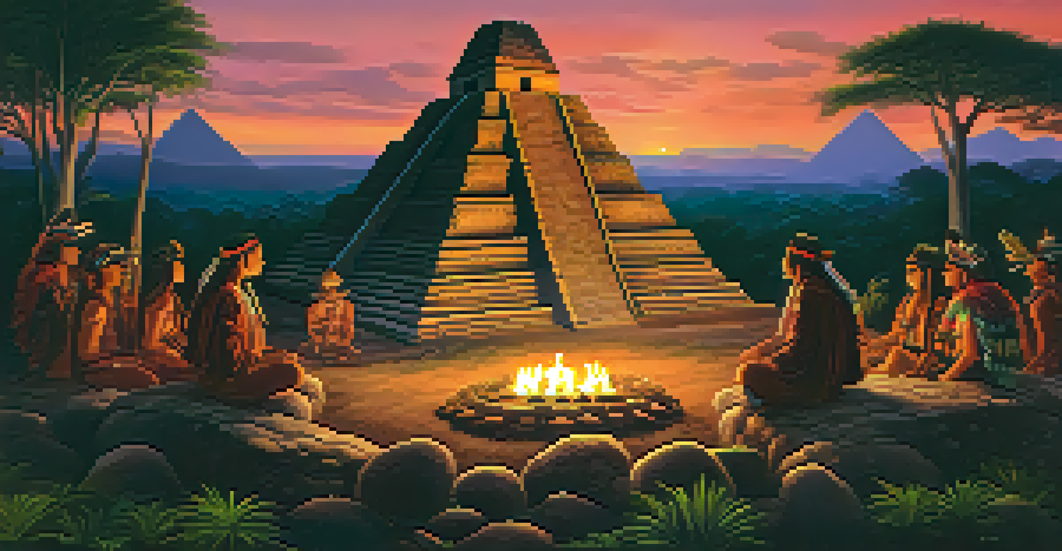 A group of indigenous shamans gathered around a mushroom altar in a Mesoamerican landscape at dusk, illuminated by candlelight.