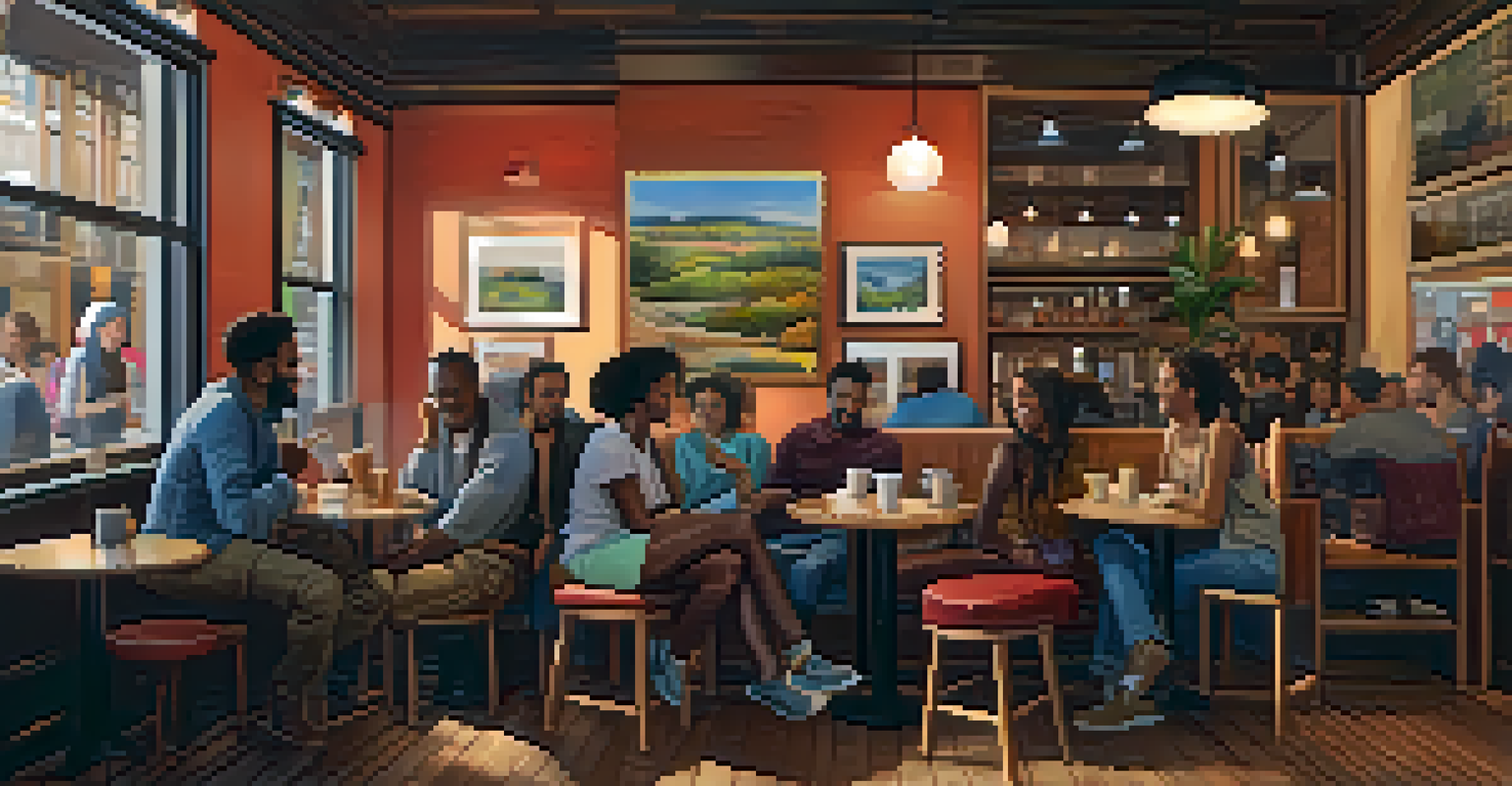 A diverse group of people in a cozy coffee shop engaged in conversation, with warm lighting and colorful artwork.