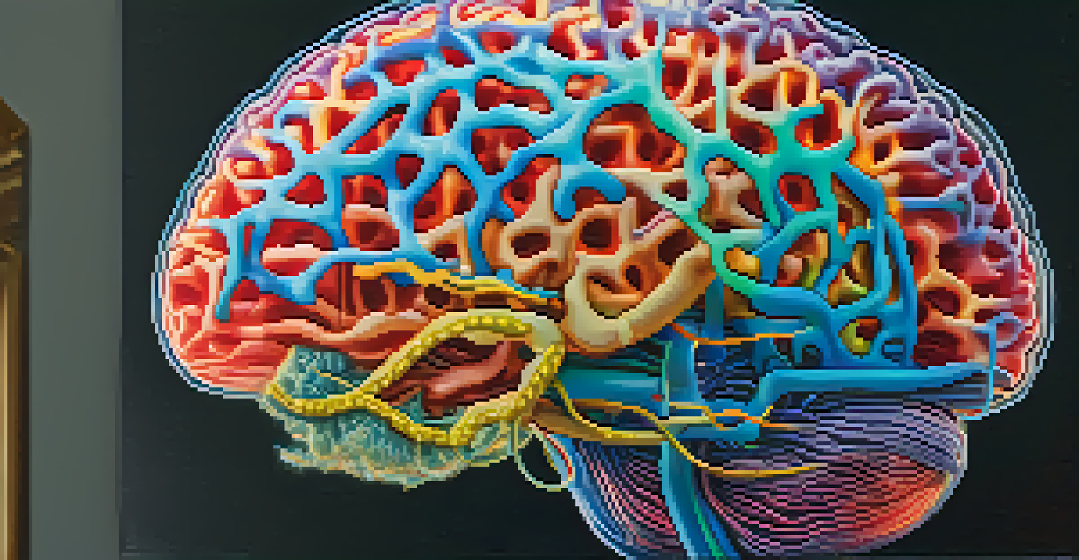 A close-up of a brain model highlighting the hippocampus with colorful neural pathways.