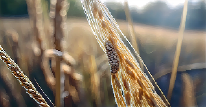 A close-up view of the ergot fungus on rye, with soft sunlight illuminating the scene.