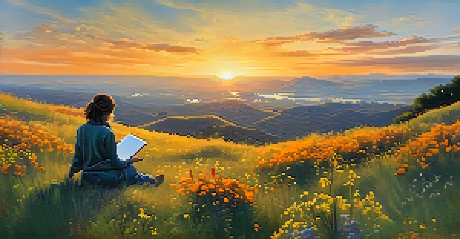 A person journaling on a grassy hilltop at sunrise, surrounded by wildflowers and a colorful sky.